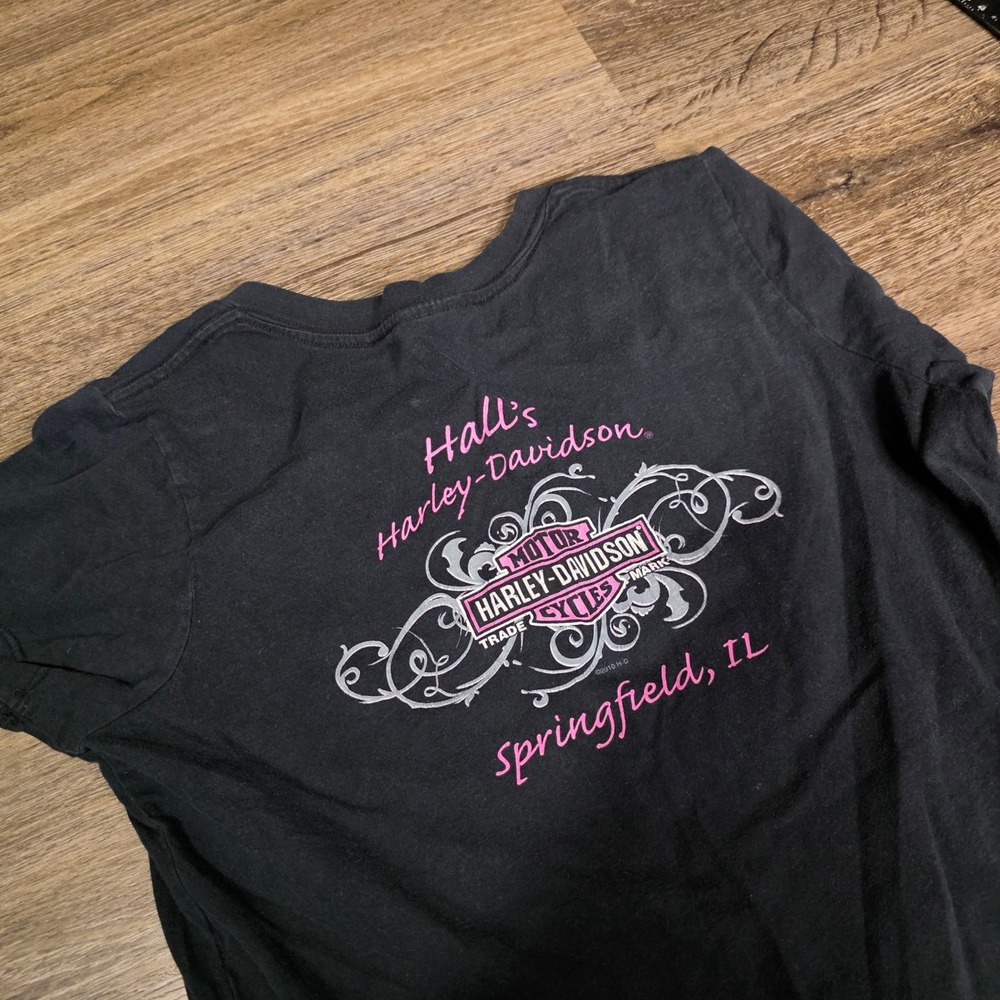 Harley-Davidson Womens S V-Neck T-Shirt Black Rhinestone Logo Springfield IL 652 - Picture 5 of 6